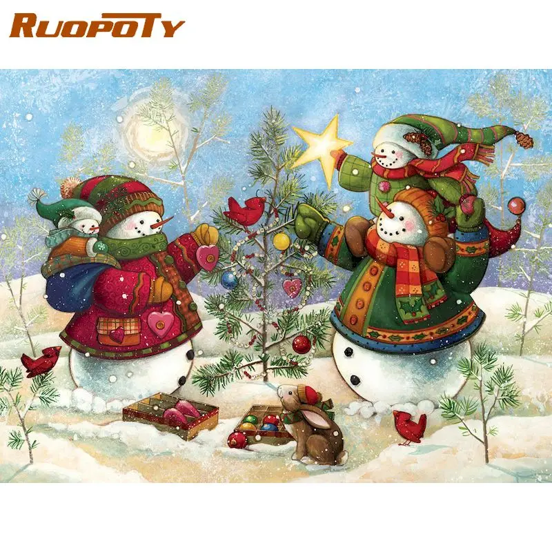 

RUOPOTY Four snowmen Painting By Numbers Framless DIY pictures by numbers on Canvas Home Decor Unique Gift