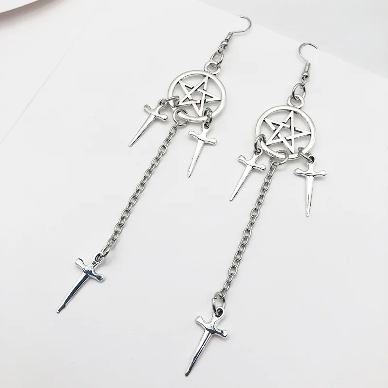 

Pentagram Swords Earrings Silver Plated Huggie Hoops Dangle Witchy Jewelry Pagan Wiccan Tarot Gothic Emo Women Gift