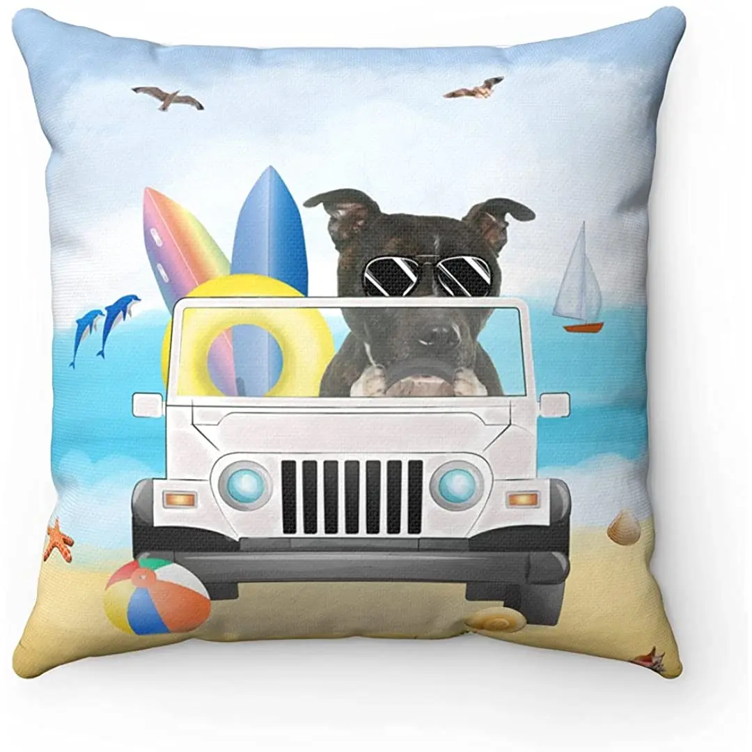 

Bull Terrier Driving Vehicle on Beach Pillow Cover, Staffordshire Bull Terrier on Beach Pillow Cover, Dog on Beach Pillow Cover
