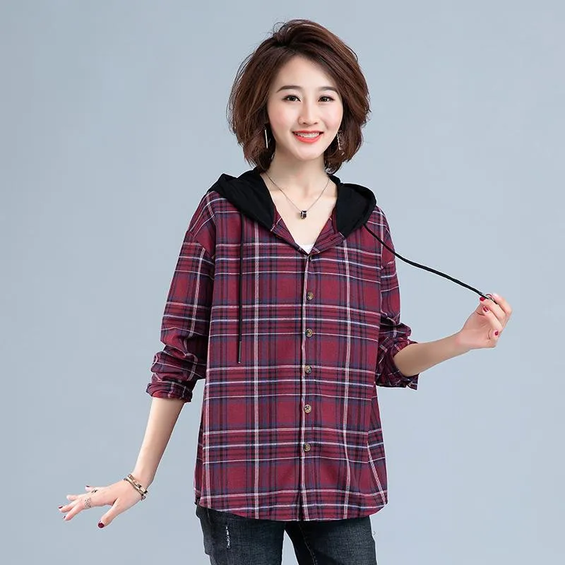 Женская клетчатая рубашка с капюшоном и длинным рукавом офисная одежда