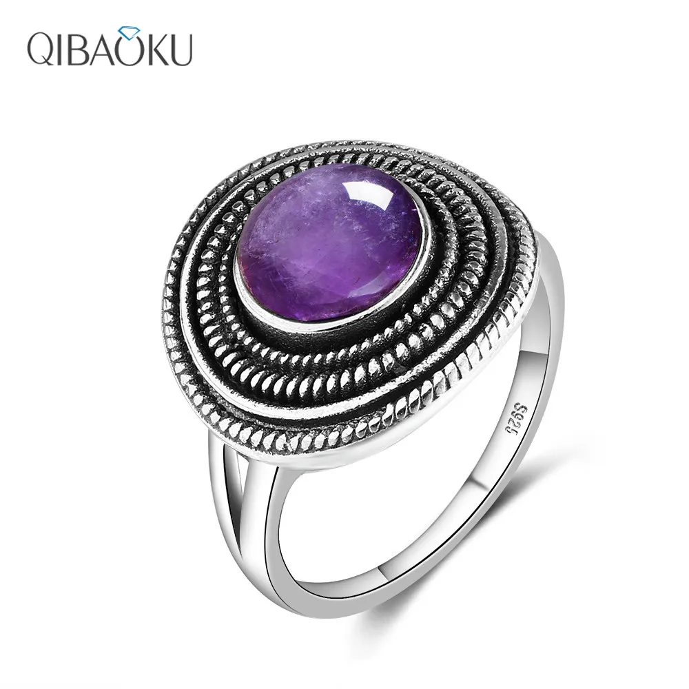 

S925 Sterling Silver Ring 8MM Round Natural Amethyst Rings Women's Gemstone Jewelry Vintage Style Fine Jewelry Wholesale