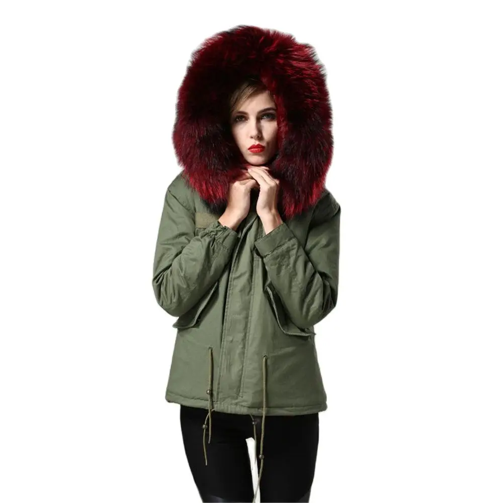 Mhnkro army green cotton shell beautifull huge raccoon fur collar short warm parka mrs winter wear XS-4XL plus size