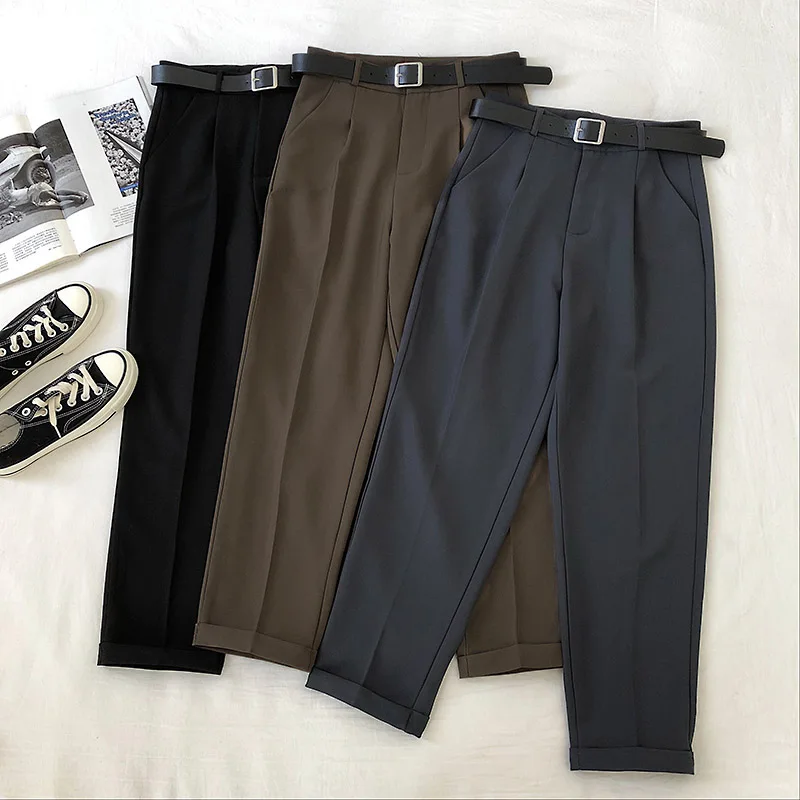 

Office Lady Work Leisure Suit Pants 2021 Korean Solid Spring Autumn Casual High Waist Length Haremtcropped trousers with belt