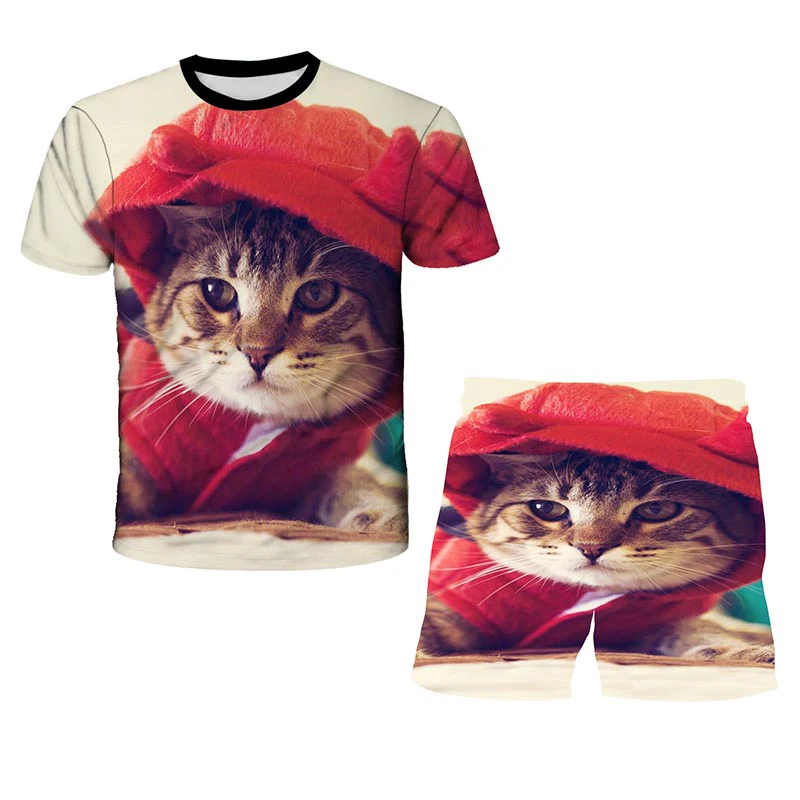 

Fun Animal Cat Pattern Boy Girls Sets 3D Print Summer Kids Streetwear Short Sleeve Tops Casual Kawaii Baby T-Shirt Top + Shorts