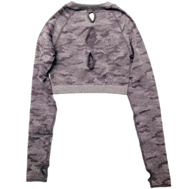Purple Камуфляж бесшовный топ для занятий йогой с длинным рукавом отверстиями для больших пальцев тренировки Топ с камуфляжным принтом для Женский для фитнеса и зала укороченный топ спортивные, для тренажерного зала, футболка - Цвет: Purple