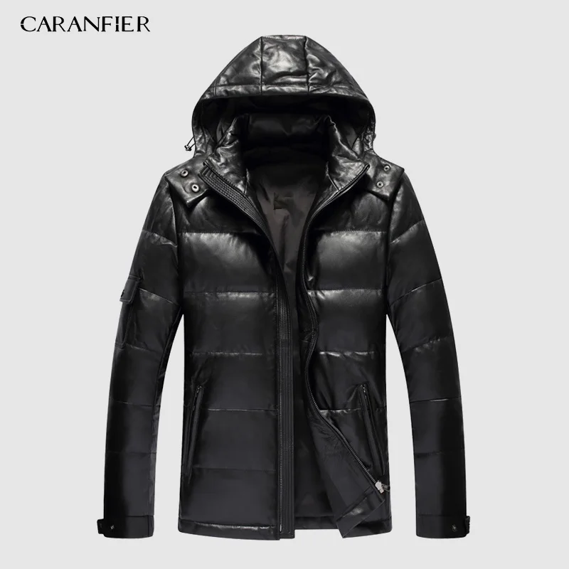 Черный CARANFIER Mens Winter Warm Black Genuine Leather Real Lambskin Duck Down Hooded Jackets Coats Jaqueta De Couro Deri Ceket - Цвет: Черный