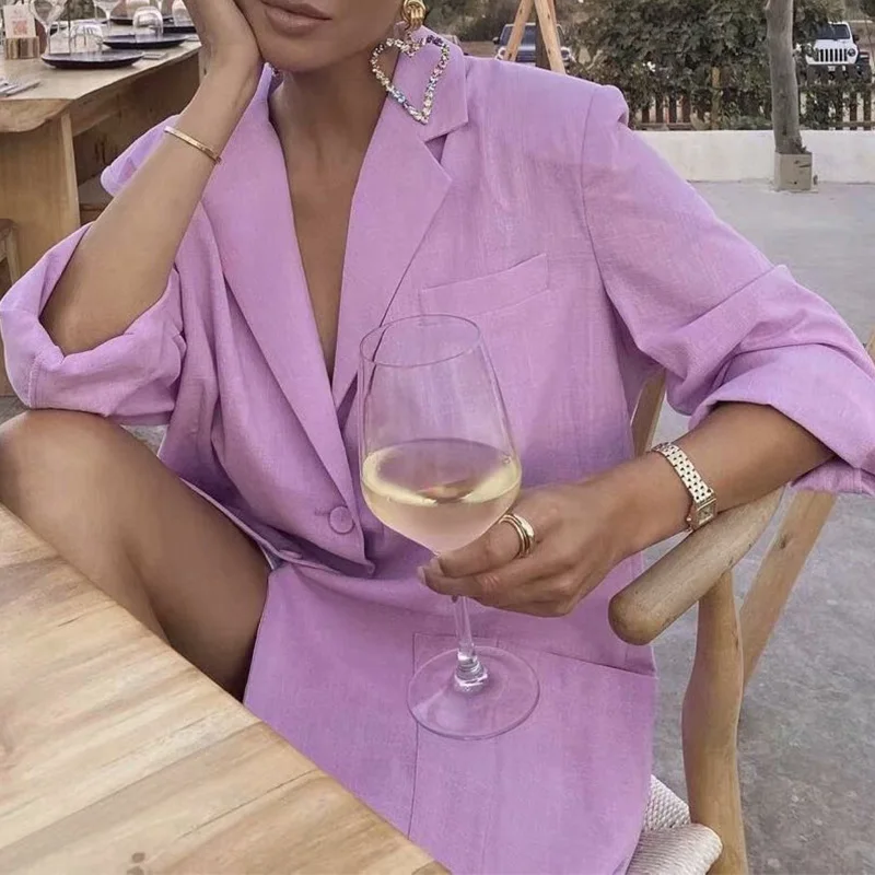 

LINLING 2021 Women Summer Fashion Sexy Thin Solid Color Blazer Za Elegant Female Chic Suit Single Breasted Outwear Casual Top