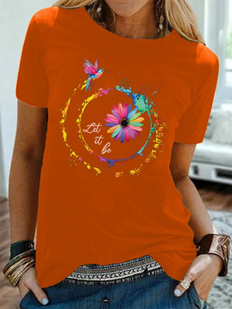 

Summer new casual women's fashion colorful birds chrysanthemum printed pattern round neck short sleeve colorful T-shirt women