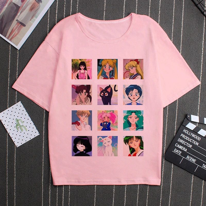 Sailor Moon 90s Funny Pink T Shirt Harajuku Clothes Tshirt Aesthetic Cat Anime Vogue T-shirt Kawaii Graphic Tees Ullzang Women