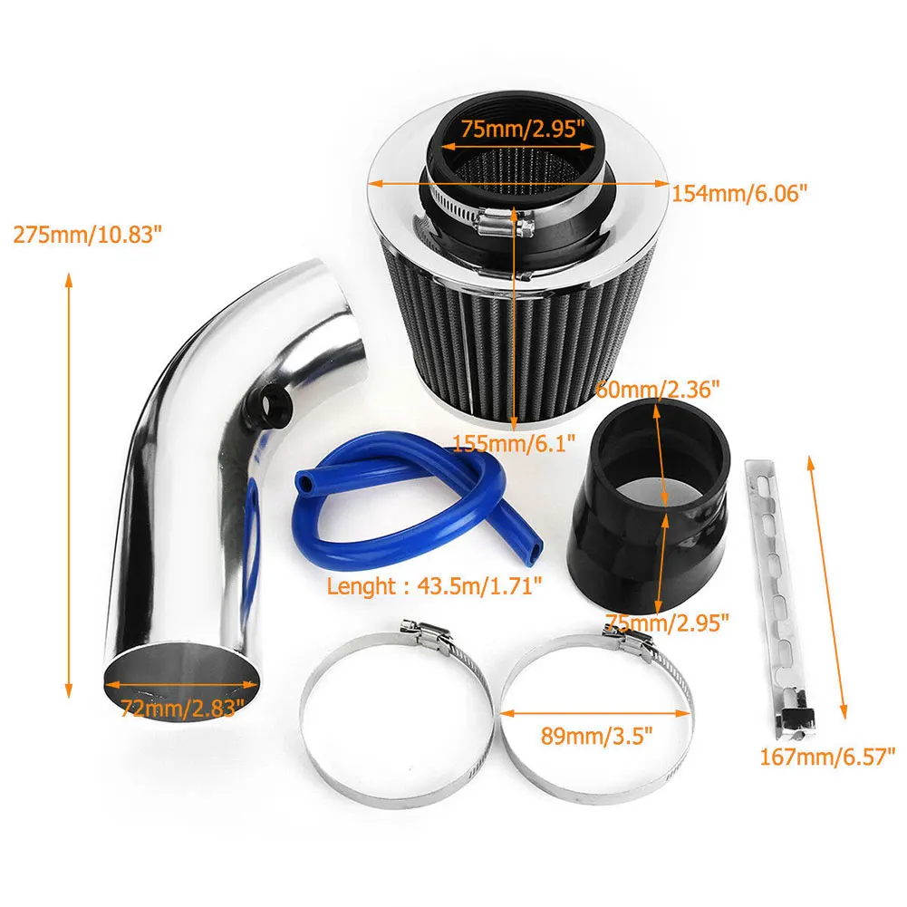 

3'' Chrome Universal Car Cold Air Intake Filter Induction Pipe Hose System Kit