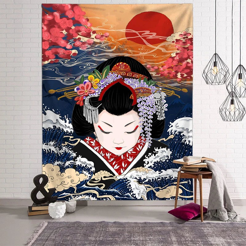 

Japanese Kanagawa Waves Printed Hanging Tapestry Whale Arowana Deer Snake Totem Wall Hanging Tapestries Boho Bedspread Blanket