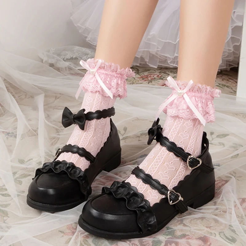 

5 Pieces Japanese Love Bow Lace Lace Tube Socks Lolita Girl Anime Cos Sweet Student Pile Womens Socks Comfortable Ladies Socks