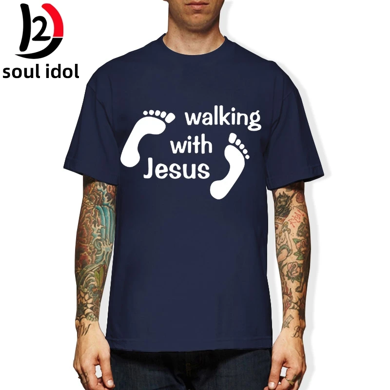 

D2 Walking With Jesus T-Shirt Men Christian Catholic Religious Tee Jesus God Mens Short Sleeve Tops Tees Male T Shirt