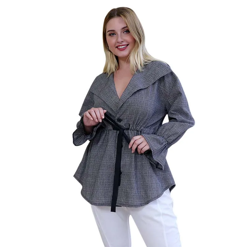 Женская блузка WHZHM в шотландскую клетку повседневный Топ серого цвета с длинным