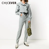 chicever denim jumpsuit for women stand collar long sleeve patchwork ruffles high waist pencil pants loose jumpsuits female 2021