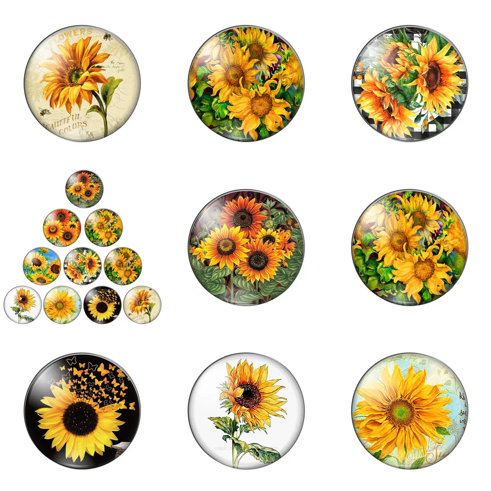 

New Love Sunflower Art Paintings 10pcs 12mm/16mm/18mm/25mm Round Photo Glass Cabochon Demo Flat Back Making Findings