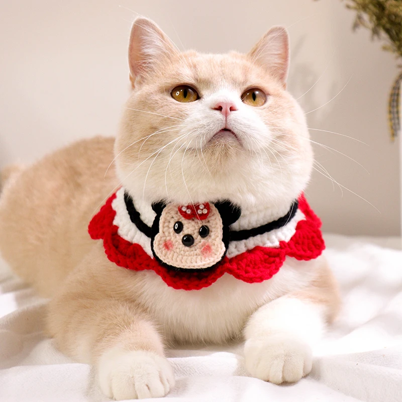 

Вязаный крючком ошейник с мультяшным Микки, котенком, кошкой, милый жемчужный шарф для собаки на Рождество, ручное ожерелье для домашних жив...