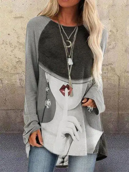 

Women's Fashion Loose Casual Floral print Round neck long sleeve Autumn tshirt tops blouses pullover Plus Size