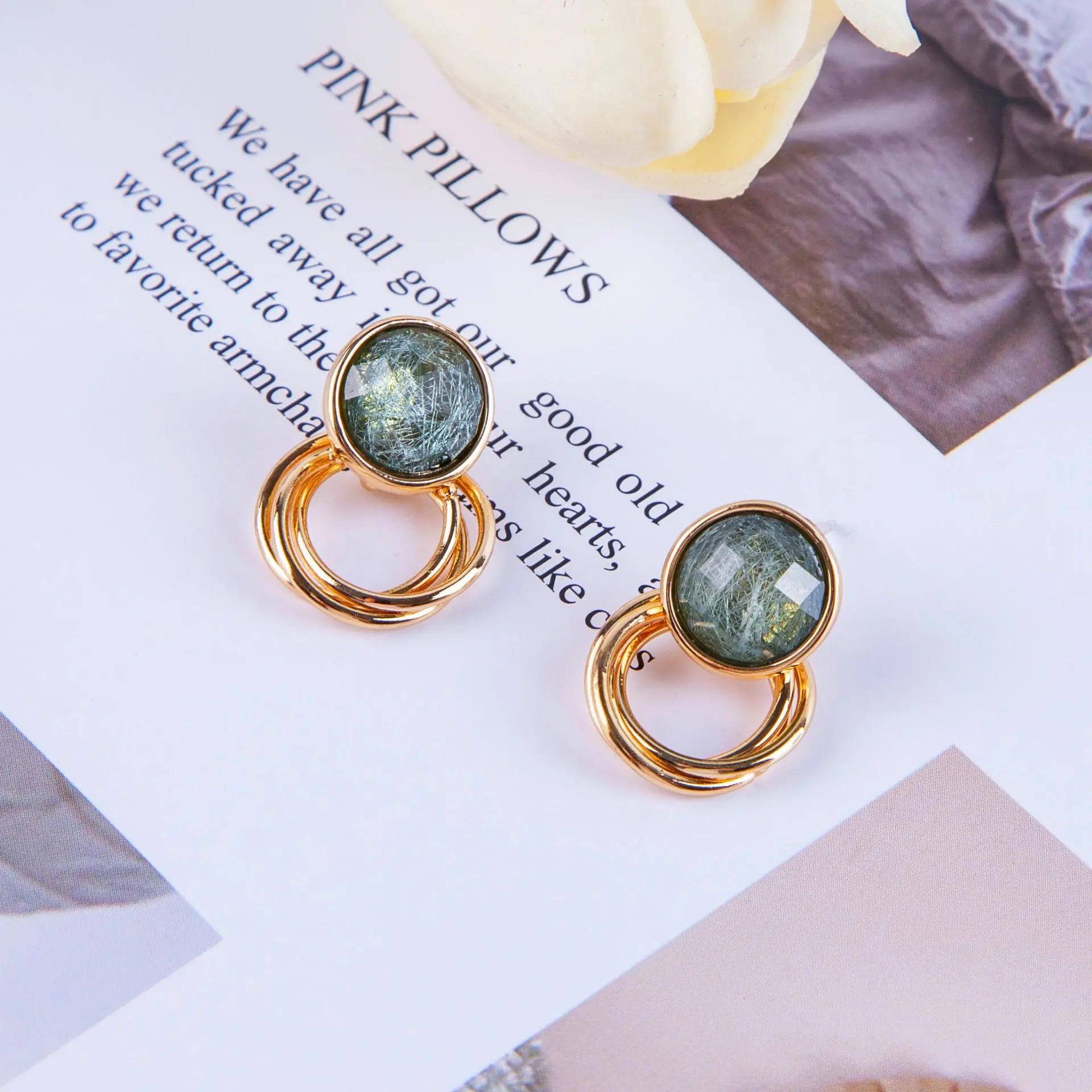 Мода зеленый CZ Камень Висячие серьги для женщин золотые круглые свадебные Brincos