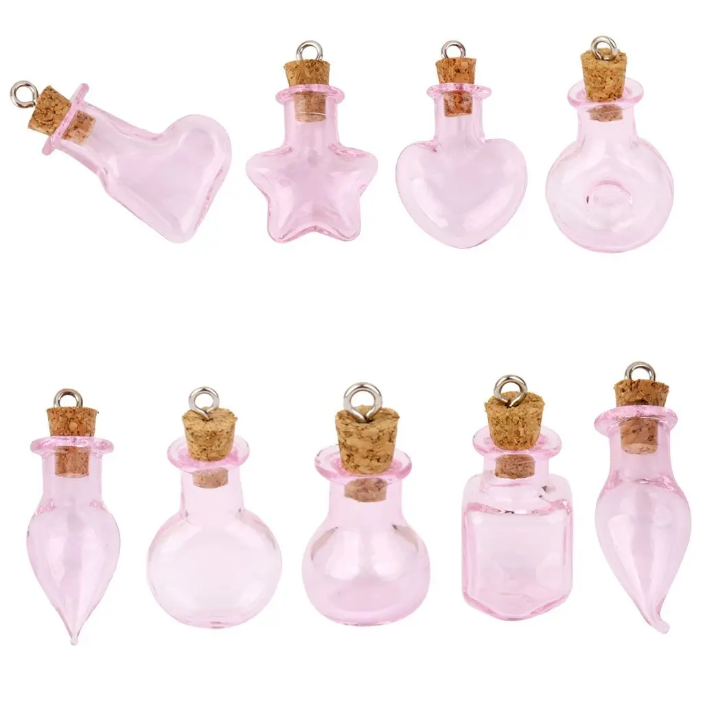 

10Pcs Pink Mini Glass Bottle Jars Vials With Hanging Corks For Craft Flat Bulb Colorful