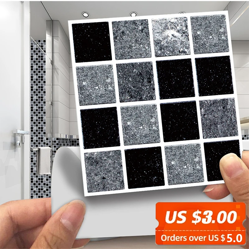 

10pcs/set Gray Black PVC Tiles Wall Sticker Flat Printed Marble Mosaic Sticker Kitchen Bathroom Home Renovation Wallpaper DIY