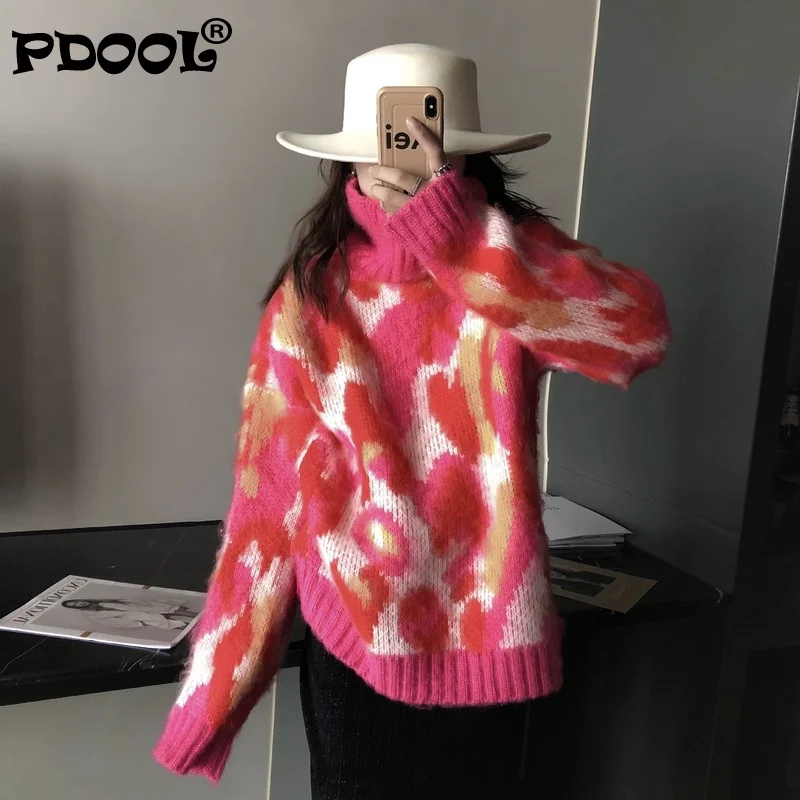 

2021 Autumn and Winter Korean Loose Lazy Retro Pink Leopard with Long Sleeve Top for Turtleneck Sweater Turtle Neck Women
