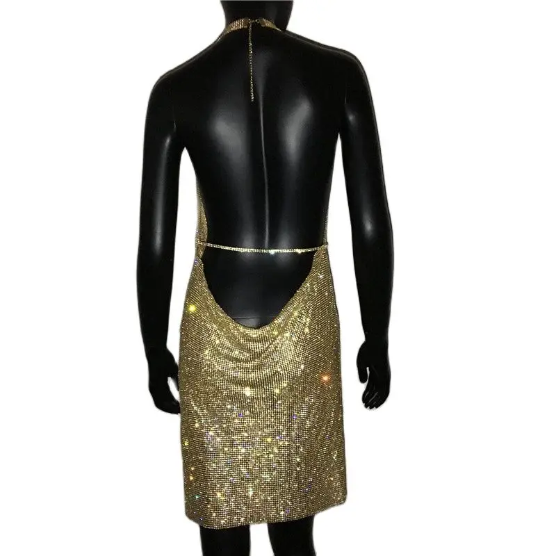 Sexy Crystal Rhinestone Drape Backless Dress 2022 NEW Mesh Sequin Bodycon Club Halter 2 Slits Evening Party Christmas Mini | Женская