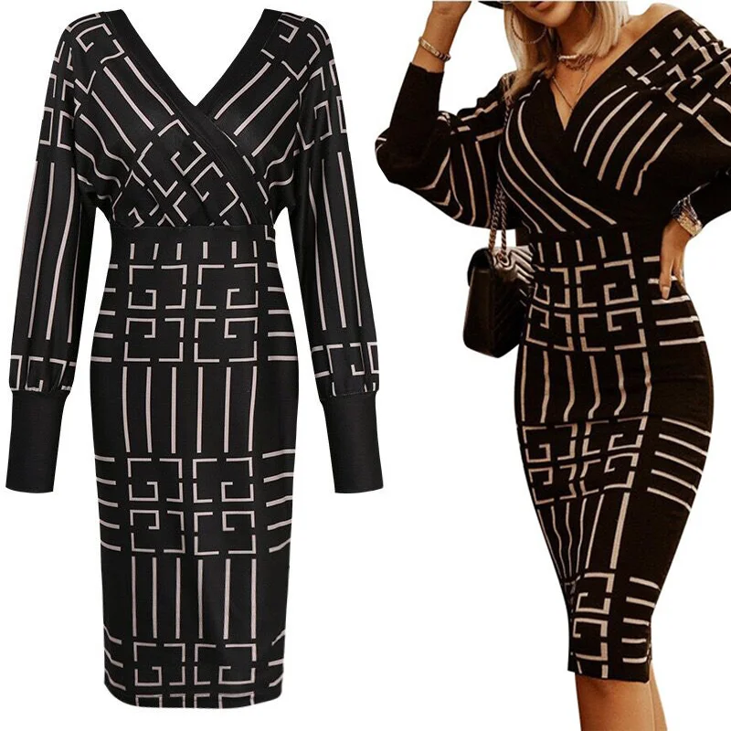 

2021 Women V Neck Dress Slim High Waist Sheath Bodycon Fashion Party Knit Dresses