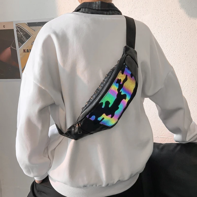 

NEW 2021 Men fanny pack Luminous waist Bag women fashion shoulder bag Breathable Hologram laser Fanny Bag silver Free Shipping