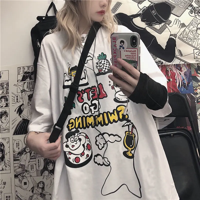 

MINGLIUSILI Aesthetic Tshirt Women 2021 Fashion Cartoon Print Women Clothing Casual Summer Purple Streetwear Woman T-shirts