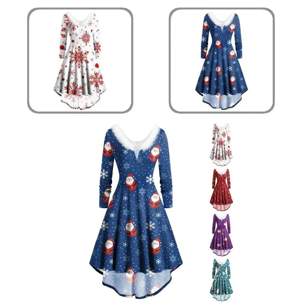 

Great Festive Christmas Print Midi Dress Midi Dress Pleated Large Hem Thickened