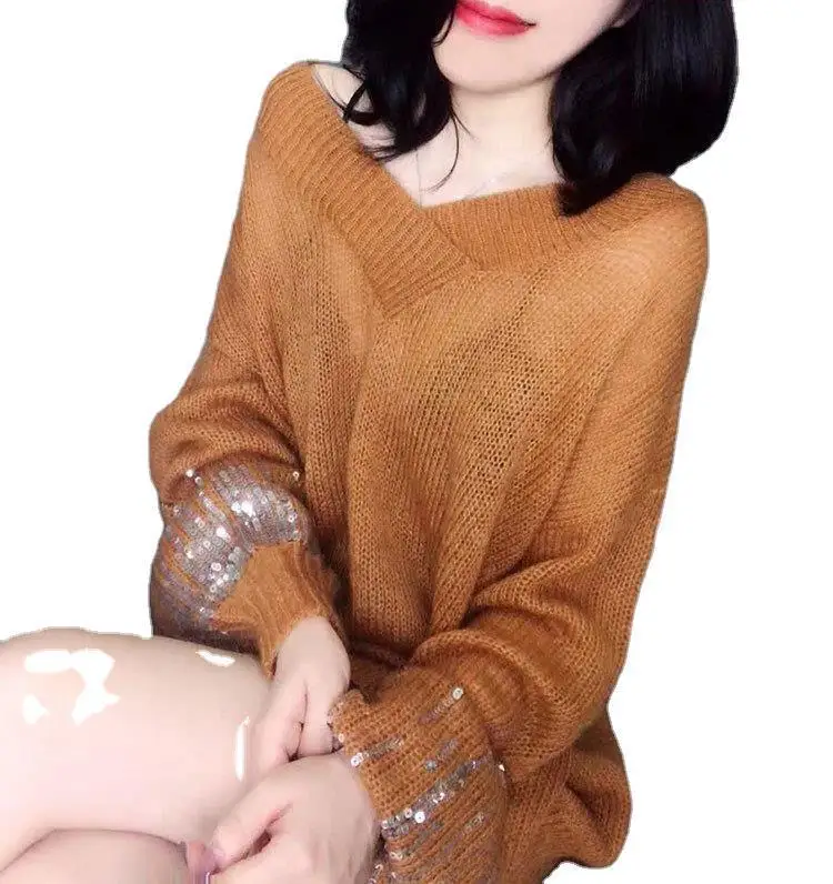 

Solid Color Knitted Hollow Out V Neck Loose Lantern Sleeve Sweater Women 2020 Autumn Thin Sweater Perspective Sweater