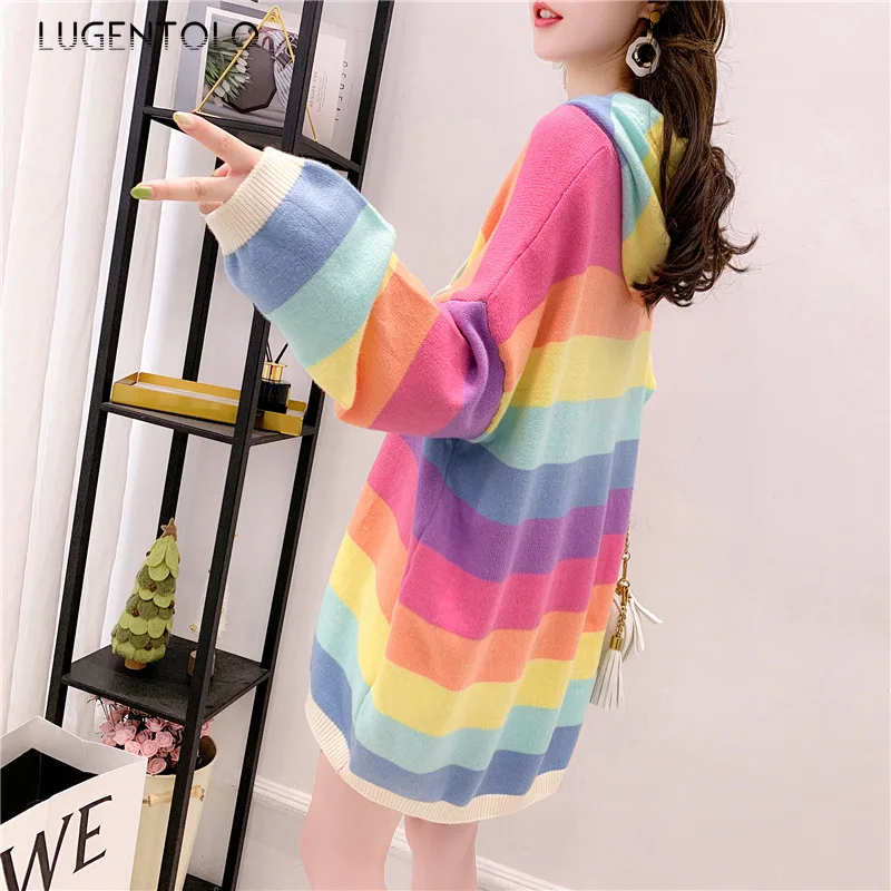 

Lugentolo Women Rainbow Sweater Sweet Lazy Hooded Loose Sweater New Spring Autumn Long-Sleeved Lady Casual Fashion Sweaters