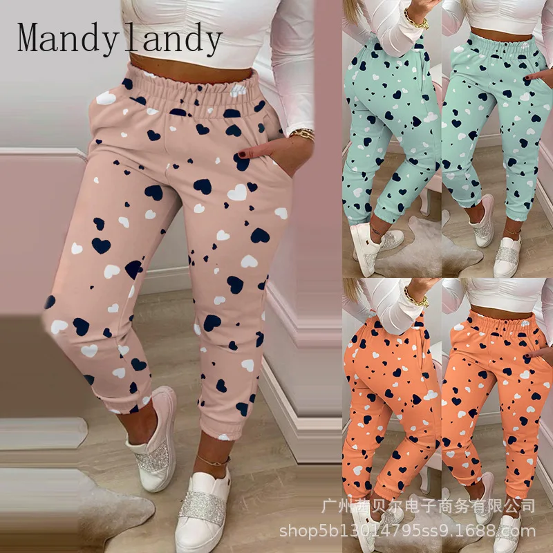 

Длинные брюки Mandylandy, осенние модные спортивные брюки-карандаш с карманами, Женские повседневные длинные брюки с высокой талией и принтом