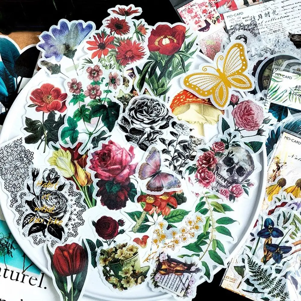

60 Sheets/Pack Decorative Vintage Diary Gold Skull Paper Flower Plant Stickers Scrapbooking Flakes Stationery