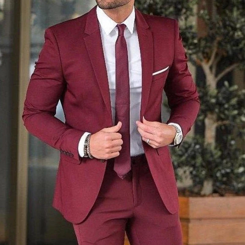 

Slim Fit Casual Suits for Men 2 Piece Wedding Groomsmen Tuxedo New Male Fashion Clothes Burgundy Jacket with Pants 2021