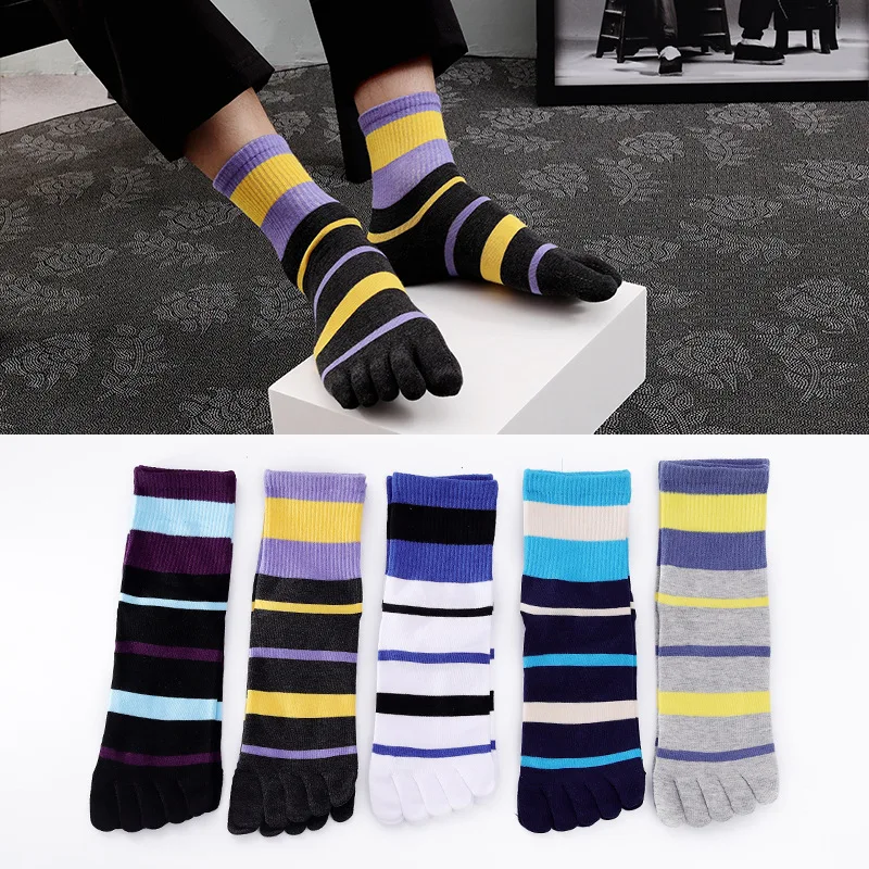 10 Pairs Sport Five Finger Socks Mens Organic Cotton Letters Striped Street Fashion Happy Travel Socks With Toes Present For Men