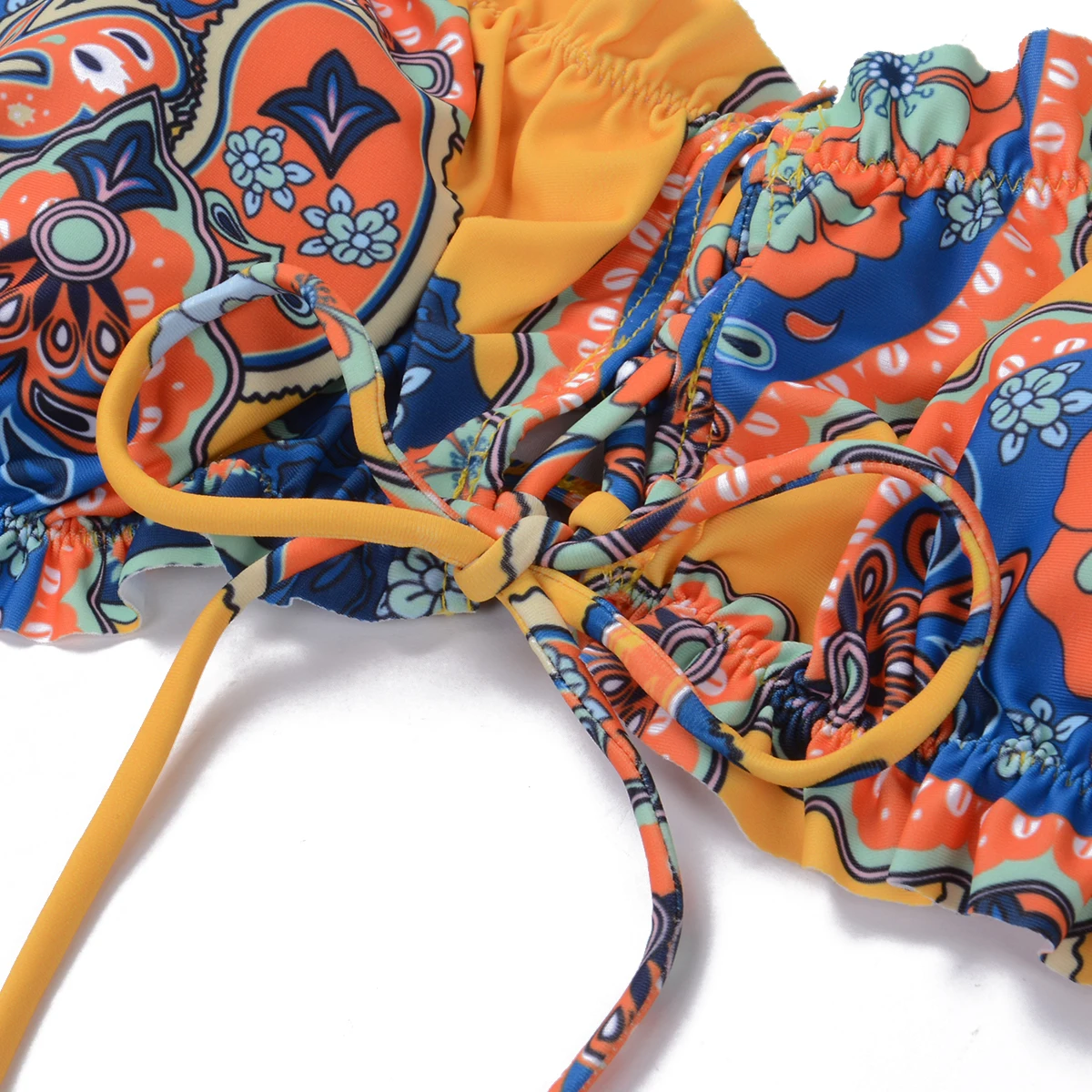

Women Floral Printing Bikini Suits Ladies Puff Sleeve Top Low-waist Thong Split Swimsuit Set Off Sholder Bikinis