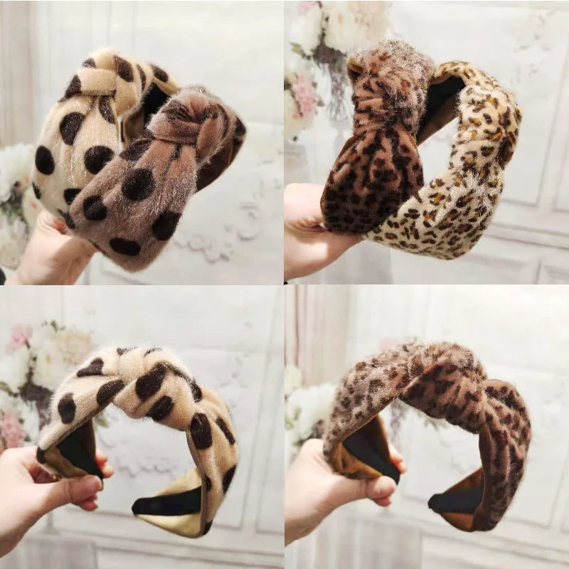 

Leopard Spot Fashion Wide Headband For Women Knot Hair Accessories Female Winter Flannel Hairbands