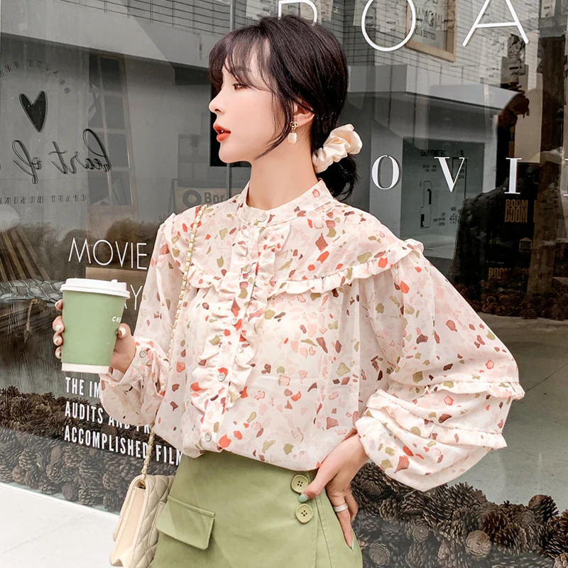 Женская шифоновая блузка с длинными рукавами фонариками и оборками|Блузки| |