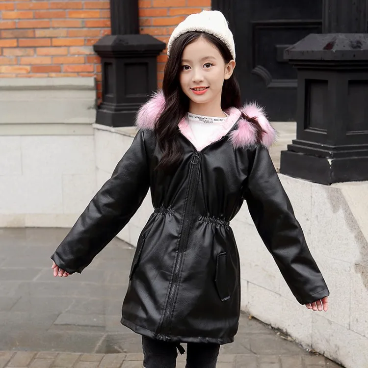 Зимняя теплая плотная куртка для девочек Детское пальто из искусственной кожи с
