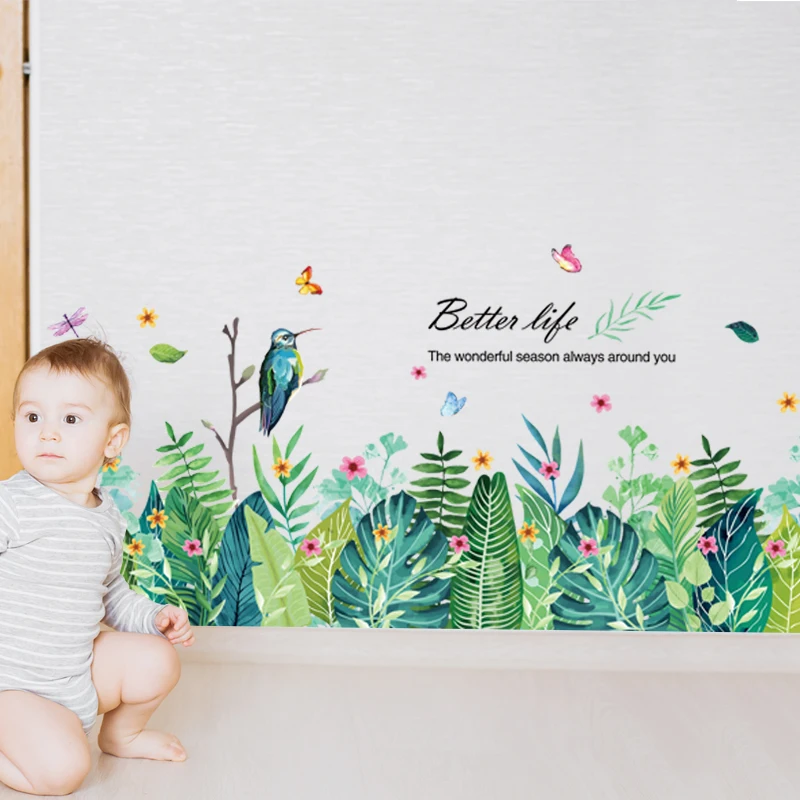 Растительные листья наклейки на стену DIY Зеленая трава настенные для гостиной