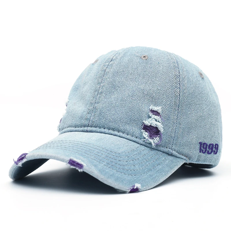 

New Style Washed Denim Hole 1999 Embroidery Baseball Cap Men and Women Street Casual Cap Wholesale