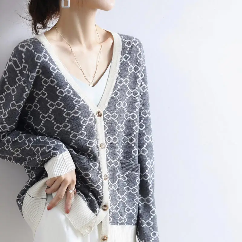 

Wool Knitted Printed Cardigan Ladies Sweaters Coat 2021 Korean Fashion Long Sleeve Female Knitwear Cardigans Outwear Femme
