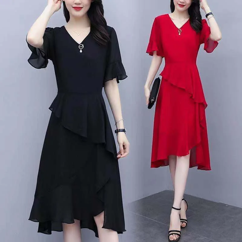 

New Plus Size V-neck Dress Summer Slim Fit Irregular Solid Color Vestido