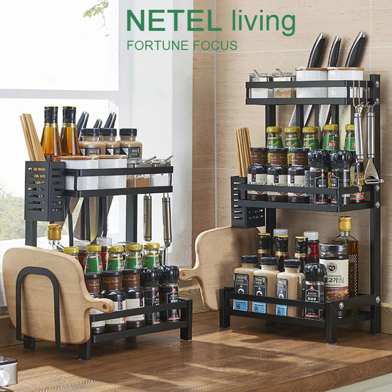 Buy NETEL Kitchen Spice Rack Stainless Steel Countertop Seasoning Jars Bottle Shelf Organizer Storage Holder 2 3 Layers Black