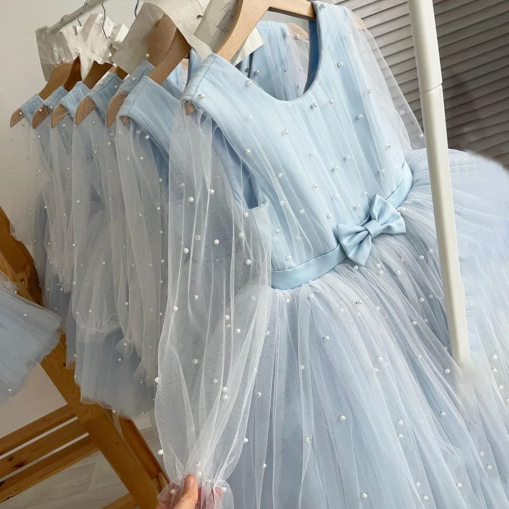 

Custom Baby Girl Flower Dress Full Pearls Tulle Dresses For Children Knee Length Skirt Girls Boutique Party Wear Infant Frocks