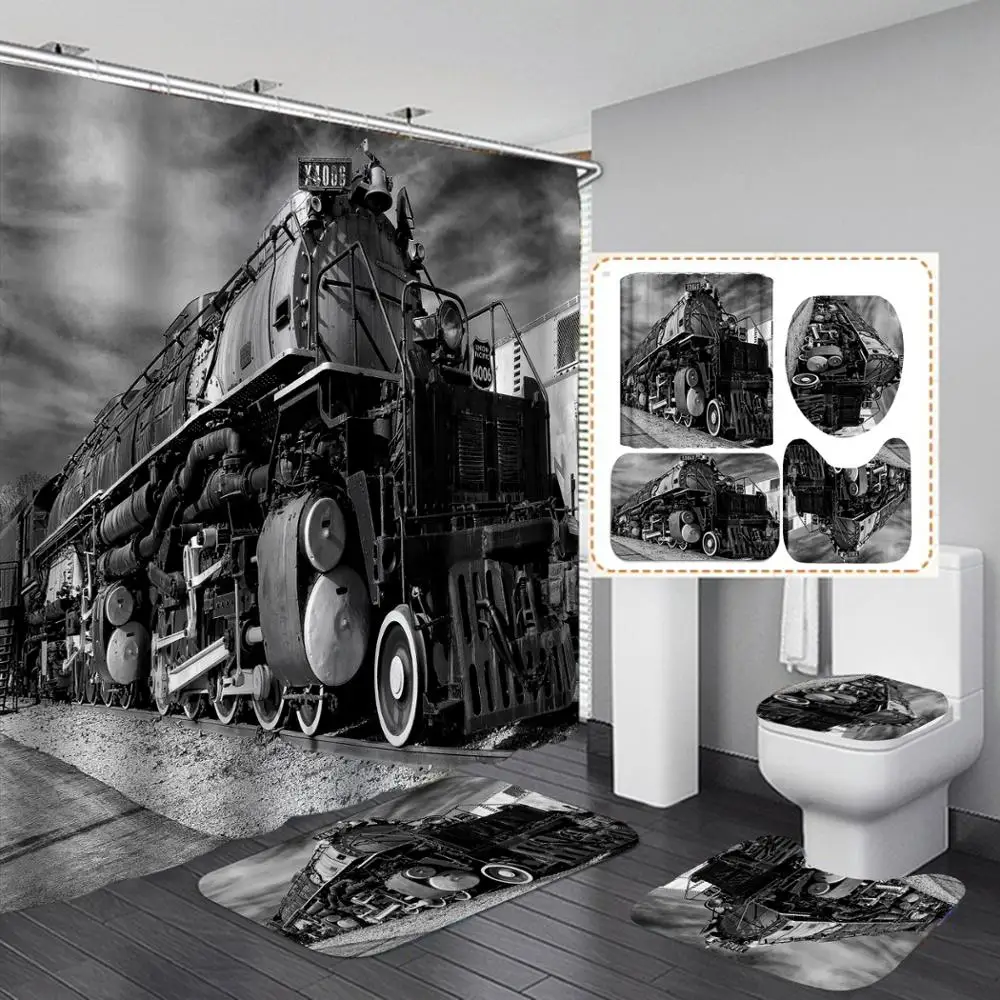 

3D Plane Print Shower Curtain Sets with Non-Slip Rug, Toilet Lid Cover and Bath Mat Waterproof Car Bathroom Curtain 72x72inches