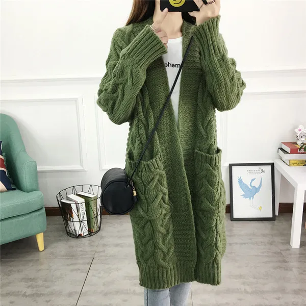 Green Women Long Cardigans Autumn Winter Open Stitch Knitting Loose Sweater Oversized Cardigans big pockets Cardigan Fall Jacket Coat - Цвет: Green