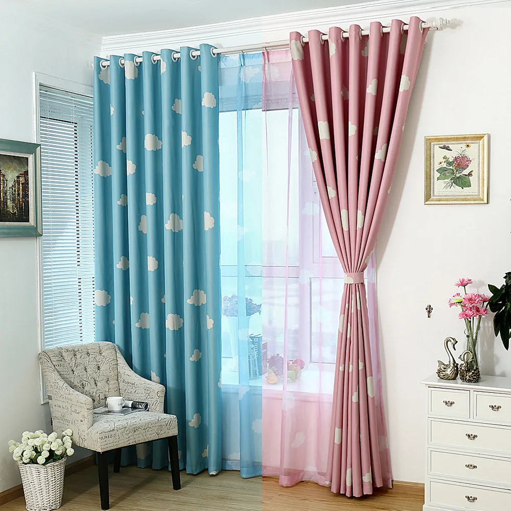 

White Cloud Curtains for kids Bedroom Pink and Blue Polyester Valances Noise Reduction Lovely Darkening Kitchen Window Curtain